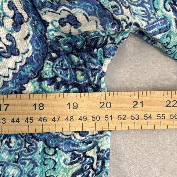 SUMMER BLUES Talbots Blue & Aqua Print Stretch Cotton Pull Over Sweater Size PL - Picture 4 of 7